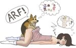  1girl artist_request ass bestiality blush bottomless brown_hair dog doggystyle dress dress_lift eyes_closed feet hetero interspecies no_shoes saliva sex sleeping socks source_request text thighs thought_bubble tongue_out top-down_bottom-up vaginal 