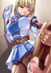  1girl blonde_hair cassandra_alexandra censored clenched_teeth clothed_sex crotch_seam gloves green_eyes one_eye_closed panties panty_pull pantyhose pantyshot penis pussy rape sex solo_focus soul_calibur soulcalibur_ii tasaka_shinnosuke tears teeth torn_clothes torn_pantyhose underwear vaginal white_panties wince 