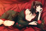  1girl absurdres adjusting_hair bangs bed_sheet black_hair blunt_bangs blush breasts cartagra cleavage female floral_print flower hair_ribbon highres japanese_clothes kimono large_breasts lipstick long_hair lying makeup nagomibako no_bra off_shoulder official_art on_side petals ponytail purple_eyes ribbon rin_(cartagra) scan side_ponytail smile solo sugina_miki 