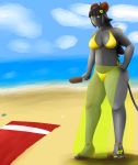  2019 alice_(shadowfirdark) beach bikini black_hair bovid breasts caprine clothing detailed_background eyewear female flower food footwear fur glasses goat grey_fur hair hand_on_hip heterochromia high_heels horn mammal plant popsicle sarong seaside shadowfirdark shoes standing swimsuit 