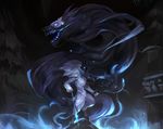  aura bow_(weapon) dark_background fangs furry glowing glowing_eyes hooves kim_tae_kyeong kindred lamb_(league_of_legends) league_of_legends mask monster weapon wolf_(league_of_legends) 
