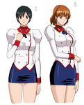  2girls 78_(tky8) agent_aika brown_hair delmo earrings female jewelry multiple_girls short_dress skin_tight uniform white_delmo 