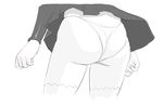  1girl 78_(tky8) agent_aika ass black_delmo delmo dress head_out_of_frame monochrome panties pantyshot skin_tight thighhighs tight underwear white_legwear white_panties wind_lift 