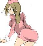  agent_aika brown_hair delmo latex looking_back miniskirt pink_delmo shiny skin_tight skirt uniform zinger_(excess_m) 