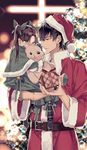  1boy 1girl age_difference bear bell belt black_hair blue_eyes boots brown_hair child christmas christmas_tree cross fate/grand_order fate/stay_night fate/zero fate_(series) gift holding kotomine_kirei ribbon santa_costume stuffed_animal tears tohsaka_rin toy tree twintails 
