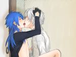  blue_hair blush clear_(dramatical_murder) dramatical_murder drooling eyes_closed hand_in_hair kiss long_hair male_focus multiple_boys seragaki_aoba short_hair white_hair yaoi 