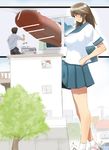  1boy 1girl breasts brown_eyes brown_hair building censored erection futanari giantess gigantic_penis large_breasts long_hair panah penis precum school_uniform serafuku size_difference skirt smile what window 