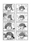  1girl 4koma :3 =_= anus artist_self-insert blush cat comic directional_arrow futon greyscale heart highres kiss monochrome noai_nioshi nose_kiss pillow pointing pointing_at_self real_life_insert short_hair short_twintails sneezing spittle spraying surgical_mask translated twintails whiskers 