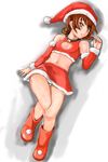  1girl annie_barrs bare_shoulders blush boots breasts brown_eyes brown_hair christmas cleavage_cutout detached_sleeves hat iriza midriff open_mouth panties santa_costume santa_hat short_hair skirt solo tales_of_(series) tales_of_rebirth underwear 