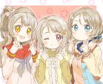  3girls blue_eyes color_connection hacosumi hair_color_connection highres light_brown_hair love_live! love_live!_school_idol_festival love_live!_school_idol_festival_all_stars love_live!_school_idol_project love_live!_sunshine!! minami_kotori multiple_girls nakasu_kasumi one_eye_closed perfect_dream_project pose purple_eyes school_uniform watanabe_you yellow_eyes 