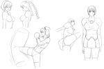  78_(tky8) agent_aika aida_rion ass black_delmo blush delmo eyes_closed female kicking monochrome multiple_girls open_mouth panties pantyshot short_dress sketch skin_tight thighhighs underwear uniform white_panties 