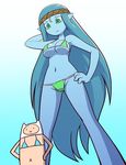  1boy 1girl :&gt; adventure_time bikini blue_hair blue_skin breasts cameltoe canyon_(adventure_time) cartoon_network cleavage crossdressing facial_mark finn forehead_mark giantess green_eyes navel nollety pointy_ears size_difference stomach swimsuit very_long_hair 
