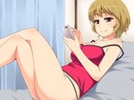  1girl ass bare_shoulders bed black_eyes blonde_hair blush breasts cellphone cleavage curtains female hayashi_custom highres large_breasts legs legs_crossed looking_at_viewer lying on_back original phone pillow short_hair smile solo thighs thong 