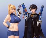  akihiro94 bayonetta bayonetta_(character) blonde_hair cameltoe erect_nipples glasses gun handgun looking_at_viewer metroid midriff multiple_girls navel nintendo samus_aran super_smash_bros. weapon 