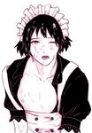  1boy black_hair crossdressing cum cum_on_body dramatical_murder facial headdress maid male_focus monochrome ren_(dramatical_murder) short_hair solo white_background yaoi 