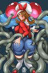  1girl ass ass_grab brown_hair from_behind hat kotone_(pokemon) pokemon pokemon_(game) pokemon_hgss revolverwingstudios simple_background tentacle tentacle_penis tentacruel twintals 