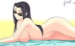  aster_crowley black_hair breasts brown_eyes highres long_hair lying monster_musume_no_iru_nichijou ms._smith navel nude on_side signature smile solo sunglasses 