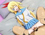  1boy 1girl bed blonde_hair blue_eyes blush censored circle_anco clothed_female_nude_male hetero kirisaki_chitoge nisekoi no_panties open_mouth penis pointless_censoring school_uniform sex smile solo_focus sweat thighhighs vaginal veiny_penis wink 