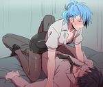  2boys black_hair blue_hair blush crossdressing dramatical_murder long_hair male_focus multiple_boys ponytail ren_(dramatical_murder) seragaki_aoba skirt yaoi 