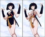  1girl bare_legs black_hair breasts choker cleavage edited eyeshadow female hairband hairy huge_breasts inuyasha japanese_clothes kimono lipstick makeup ninja nipples nude official_art red_eyes short_hair short_kimono sweat sword weapon yura_of_the_hair 