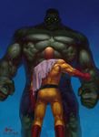  abs artist_name artstation_sample bald boots cape clenched_hands crossover gloves glowing glowing_eyes green_skin hulk image_sample in-hyuk_lee male_focus marvel multiple_boys muscle one-punch_man realistic red_footwear red_gloves saitama_(one-punch_man) shirtless shorts signature size_difference torn_cape yellow_eyes 