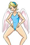  angel_wings artist_request bare_shoulders blonde_hair blush breasts breath_of_fire breath_of_fire_iv hairband leotard meme nina_(breath_of_fire_iv) open_mouth short_hair smile solo swimsuit white_background white_wings wings 