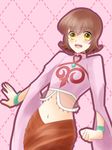  1girl annie_barrs blush bracelet brown_hair jewelry midriff navel open_mouth pink_background see-through short_hair tales_of_(series) tales_of_rebirth wide_sleeves yellow_eyes 