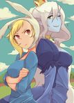  2girls adventure_time animal_hood artist_request back-to-back blonde_hair blue_dress blue_skin bunny_hood cartoon_network crown dress fionna ice_queen looking_at_viewer multiple_girls sharp_teeth suo_(sndrta2n) white_hair 