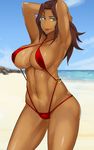  amida_arca arm arm_behind_head armpits arms_up bare_arms bare_legs bare_shoulders beach bikini breasts brown_hair cleavage cloud criss-cross_halter dark_skin female green_eyes gundam gundam_tekketsu_no_orphans halter_top halterneck highres large_breasts legs lips lipstick long_hair looking_at_viewer makeup muddy_dog navel neck ocean red_bikini red_lipstick red_swimsuit sand scar sky sling_bikini smile solo standing swimsuit water 