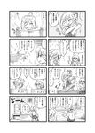  2girls 4koma afterimage ahoge asashimo_(kantai_collection) bath blush bow bowtie bucket comic commentary_request drum_bath eyebrows_visible_through_hair fan faucet flexing flying_sweatdrops futatsuki_hisame glasses greyscale grin hair_bun hair_over_one_eye hands_up highres kantai_collection looking_at_another makigumo_(kantai_collection) monochrome motion_lines multiple_4koma multiple_girls pantyhose pose ripples school_uniform sleeves_past_fingers sleeves_past_wrists smile sparkle squatting translation_request v-shaped_eyebrows water 