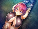  1girl blush bodysuit breasts character_request curvy dated female huge_breasts latex lilith-soft looking_at_viewer nipples pink_hair pose purple_eyes restrained short_hair simple_background solo taimanin_asagi taimanin_asagi_battle_arena thighhighs tomohiro_kai tsunemori_renge weapon 
