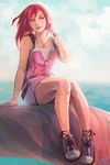 1girl c-dra kairi kingdom_hearts kingdom_hearts_ii looking_at_viewer ocean palm_tree red_hair sitting 