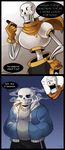  2koma armor artist_name calanii cigar comic comic_sans commentary english english_commentary flying_sweatdrops gloves hands_in_pockets highres hood hoodie multiple_boys no_eyes papyrus_(font) papyrus_(undertale) sans scarf skeleton smoking undertale you're_doing_it_wrong 