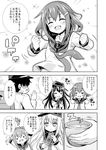  3koma 4girls :d =_= ^_^ admiral_(kantai_collection) akatsuki_(kantai_collection) anchor_symbol blush_stickers closed_eyes closed_mouth comic commentary_request fang flat_cap folded_ponytail fujishima_shinnosuke greyscale hair_ornament hairclip hat hibiki_(kantai_collection) highres ikazuchi_(kantai_collection) inazuma_(kantai_collection) kantai_collection long_hair long_sleeves monochrome multiple_girls open_mouth ponytail school_uniform serafuku short_hair smile sparkle sweat translated 