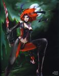  1girl bare_shoulders blood bloodrayne bloodrayne_(videogame) breasts choker cleavage elbow_gloves fingerless_gloves gloves green_eyes halter_top halterneck high_heels jewelry leather leather_armor red_hair shoes solo sword thighhighs weapon 