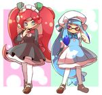  artist_request big_hair blue_hair dress green_eyes inkling looking_at_viewer multiple_girls octoling red_eyes red_hair splatoon takozonesu 