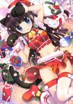  1girl animal_ears bell black_hair blue_eyes christmas fujima_takuya long_hair looking_at_viewer midriff miniskirt navel no_panties open_mouth present skirt solo tail thighhighs 