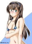  1girl :o bikini black_hair blue_eyes blue_hairband breasts eyebrows_visible_through_hair glasses hairband kantai_collection micro_bikini motomiya_ryou navel ooyodo_(kantai_collection) open_mouth small_breasts solo swimsuit twitter_username upper_body 