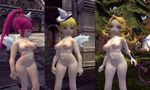  3d 3girls archer_(dragon_nest) blonde_hair breasts dragon_nest elf lancea_(dragon_nest) large_breasts long_hair multiple_girls nipples nude outdoors pointy_ears pussy sorceress_(dragon_nest) 