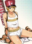  alternate_costume arm_support backpack bad_id bad_pixiv_id bag bulge envelope halftone hat link looking_at_viewer mail male_focus midriff pointy_ears sandals short_shorts shorts sitting solo the_legend_of_zelda wariza ygyg2200 zelda_musou 