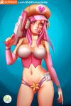  adapted_costume alternate_costume alternate_hair_color arcade_(league_of_legends) breasts bubble_blowing bubblegum cleavage didi_esmeralda gun hat league_of_legends midriff navel pink_hair sarah_fortune solo weapon 