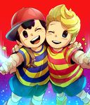  2boys ;) backpack bag baseball_cap black_hair blonde_hair child glowing hat lucas mother_(series) multiple_boys ness nintendo one_eye_closed pointing shirt short_hair shorts sideways_hat smile sneakers star striped striped_shirt t-shirt wink 