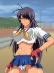  1girl blue_eyes blush breasts cameltoe erect_nipples female fingerless_gloves gloves hair_over_one_eye hand_on_hip highres ikkitousen kageusugokuto kan&#039;u_unchou kan'u_unchou large_breasts legs long_hair looking_at_viewer midriff navel panties purple_hair school_uniform serious skirt sky solo standing thighs underwear 