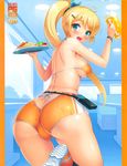  1girl alcohol ass beer bikini_top blonde_hair blush breasts butt_crack cameltoe cygnus_(artist) erect_nipples female from_behind green_eyes highres holding large_breasts legs long_hair looking_back open_mouth original ponytail restaurant shorts sideboob sneakers solo standing thighs waitress 