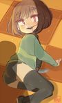  androgynous ass blood brown_hair chara_(undertale) knife looking_at_viewer red_eyes undertale 