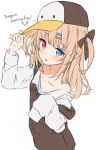  1girl arm_up bangs bare_shoulders baseball_cap blonde_hair blue_eyes blush bow brown_bow brown_hat brown_jacket collarbone commentary english_commentary english_text eyebrows_visible_through_hair hair_bow hair_ornament hairclip hand_on_headwear hat heterochromia hitsukuya jacket long_hair long_sleeves looking_at_viewer off_shoulder one_side_up original parted_lips penguin_hat red_eyes simple_background sleeves_past_fingers sleeves_past_wrists solo upper_body white_background 