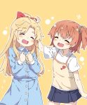  2girls absurdres blonde_hair blush casual eyes_closed fang hair_ribbon highres himesaka_noa hoshino_hinata long_hair multiple_girls normaland open_mouth petting ribbon scrunchie shirt short_hair side_ponytail simple_background thick_eyebrows watashi_ni_tenshi_ga_maiorita! yellow_background 