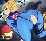  1girl all_fours anus ass blonde_hair blue_eyes bodysuit from_behind helmet hizzacked looking_back metroid ponytail pussy samus_aran solo uncensored zero_suit 
