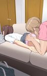  1girl ass ass_grab ass_sniff ass_sniffing brother_and_sister brown_hair clammbon couch door face_in_ass highres incest lying on_stomach original panties pillow pink_panties school_bag school_uniform short_hair siblings skirt skirt_lift sleeping sweat twintails underwear 