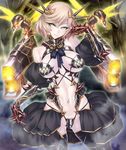  1girl ban bare_shoulders blonde_hair blush breast_lift breasts eyelashes female gauntlets grey_eyes hair_ornament large_breasts light_brown_hair navel puffy_nipples short_hair silver_eyes smile solo standing taimanin_asagi taimanin_asagi_battle_arena wight_(taimanin_asagi) 